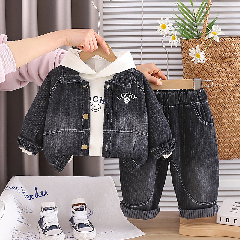 Boys' Outfit 2026 New Baby Clothes Infant Children's Spring and Autumn Smiley Face Hoodie Denim Three-Piece Set