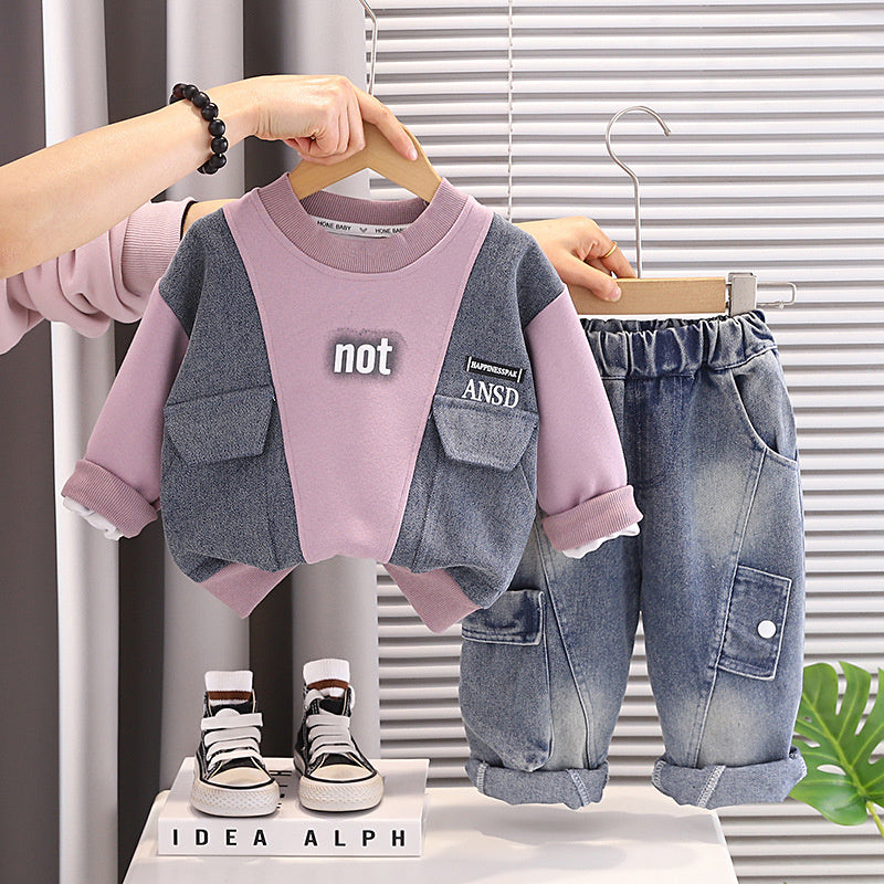 Outfit Set 2026 New Baby Children's Spring and Autumn Denim Patchwork Sweatshirt Two-Piece Boys' Round Neck Clothes
