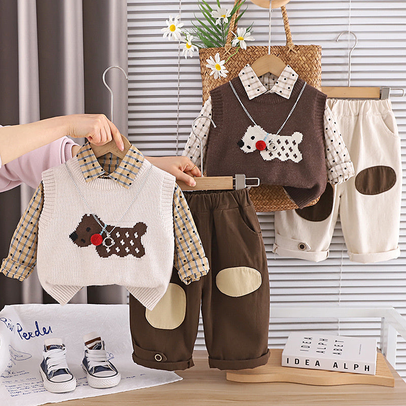 Boys' Outfit 2026 New Fashionable Children's Spring and Autumn Cartoon Puppy Sweater Vest Baby Three-Piece Set
