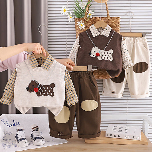 Boys' Outfit 2026 New Fashionable Children's Spring and Autumn Cartoon Puppy Sweater Vest Baby Three-Piece Set