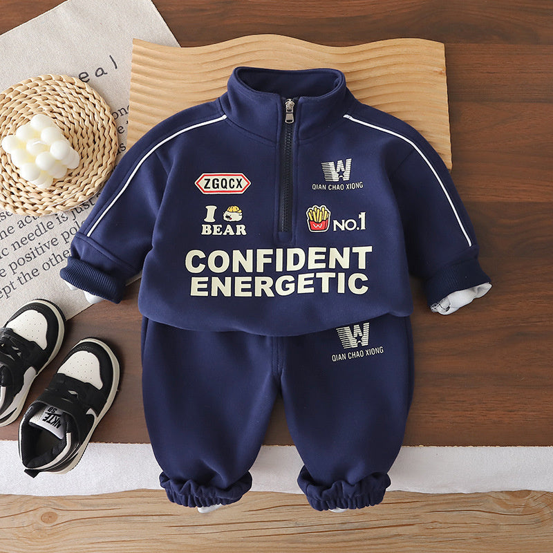 Boys' Spring and Autumn Outfit 2026 New Fashionable Children's Motorcycle Jacket Sweatshirt Korean Style Casual Long Pants Two-Piece Set Trendy