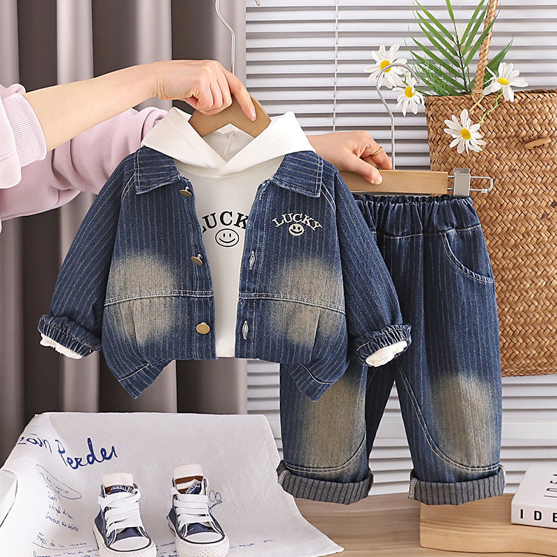 Boys' Outfit 2026 New Baby Clothes Infant Children's Spring and Autumn Smiley Face Hoodie Denim Three-Piece Set