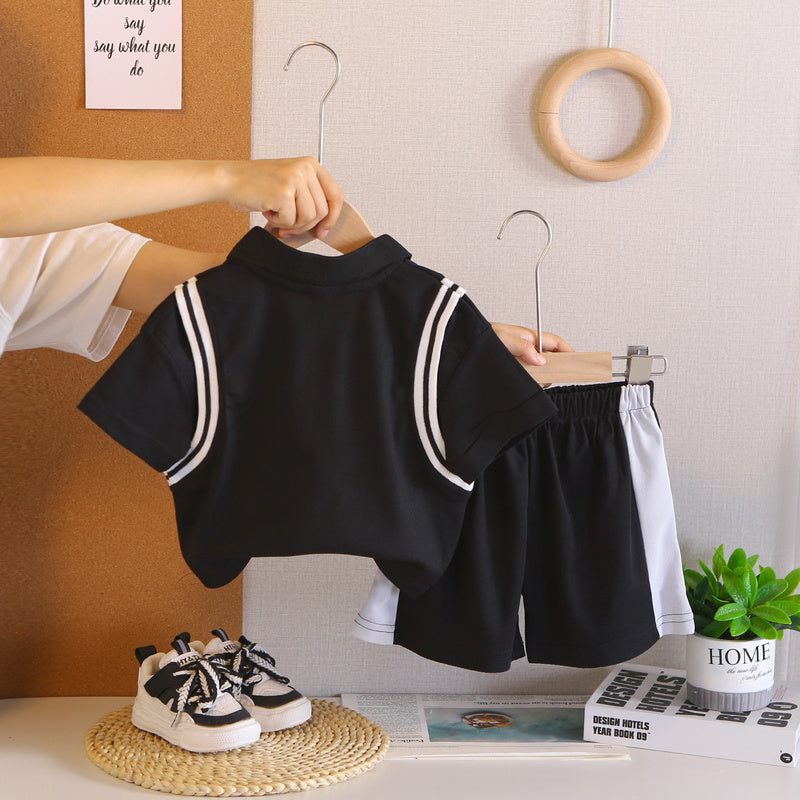 Boys' Outfit 2026 New Fashionable Little Bear Color-Block Short Sleeve Set for 1-4 Year Old Boys Summer Clothing