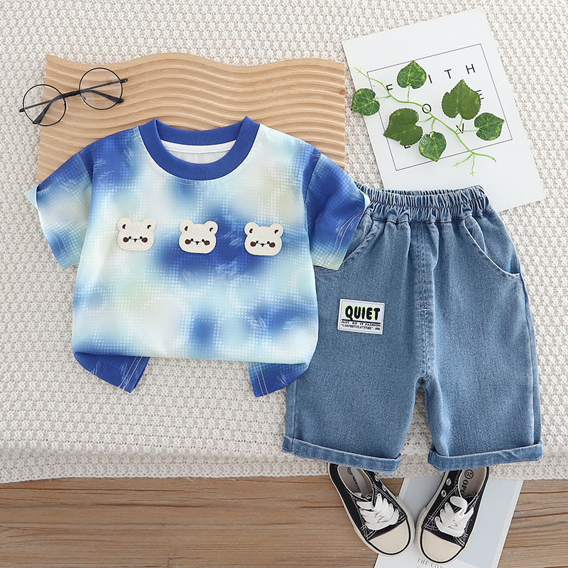 Baby Outfit: Infant Three Little Bears Short Sleeve Two-Piece Set, Boys' Summer Clothing, New 2025 Model for Infants and Toddlers, Dropshipping Available
