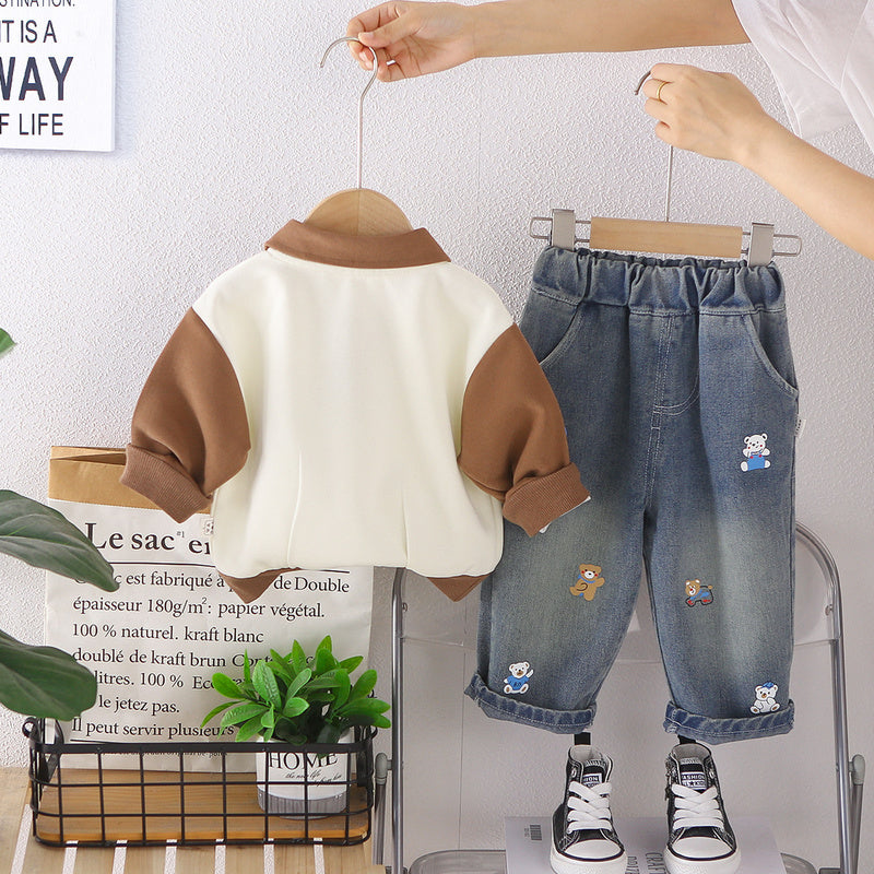 Boys' Autumn Outfit: Two-piece with Collared Tie Sweatshirt, 2026 New Fashionable Casual POLO Shirt Clothing Set for Children