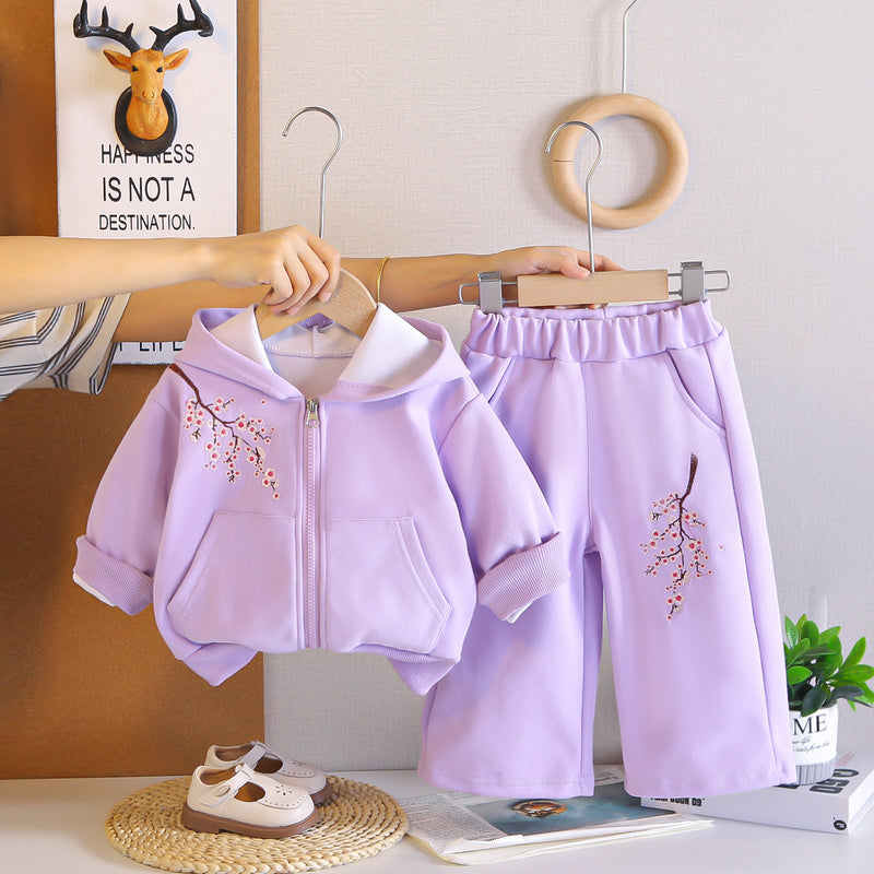 Girls' Spring and Outfit 2026 New Fashionable Children's Autumn Casual Hooded Plum Blossom Jacket Two-Piece Set Wholesale