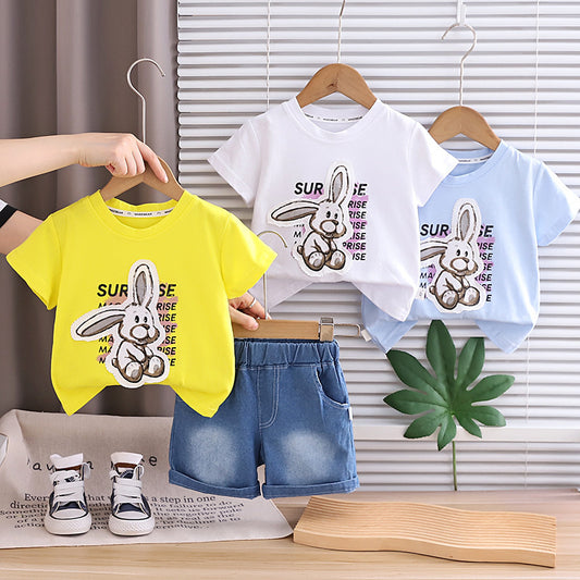 Boys' Summer Outfit 2026 New Fashionable Children's Rabbit Print Short Sleeve Shorts Two-Piece Set Baby Casual Trendy Wholesale