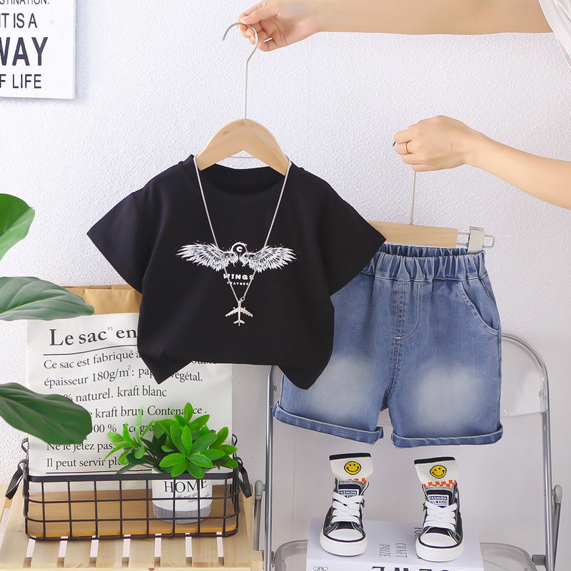 Boys' Wing Short Sleeve 2026 New Korean Style Thin Summer Outfit for Young Boys, Trendy and Cool Two-Piece Set