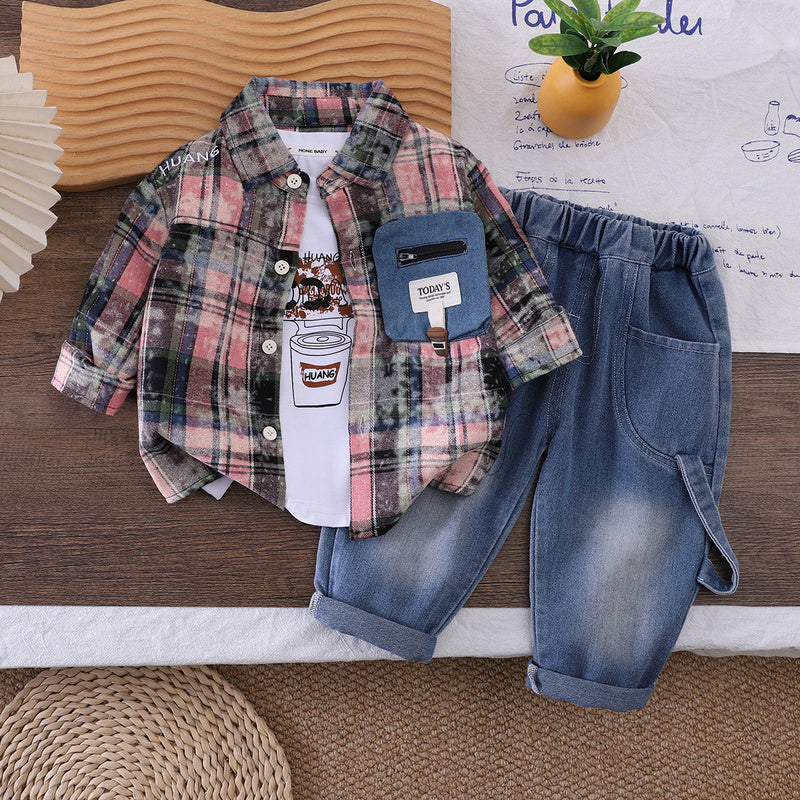 Boys' Korean-style outfit 2026 collection, new spring and autumn stylish plaid tie-dye shirt three-piece set for toddlers