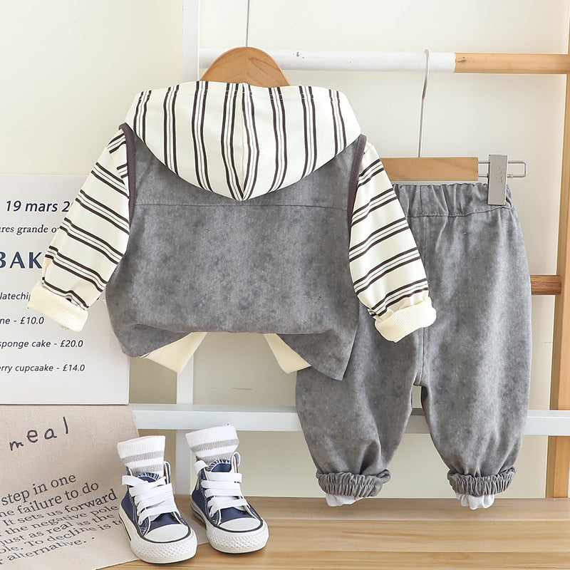 Fashion 2025 New Boys' Stylish Autumn Long Sleeve Pocket Vest Three-Piece Set Trendy Casual Clothing