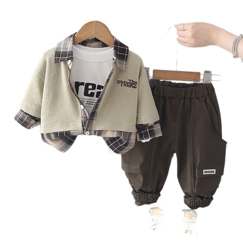 Children's Clothing Boys' Spring Outfit 2026 New Fashionable Baby Plaid Color-Block Three-Piece Set Korean Style Clothes for Infants and Children
