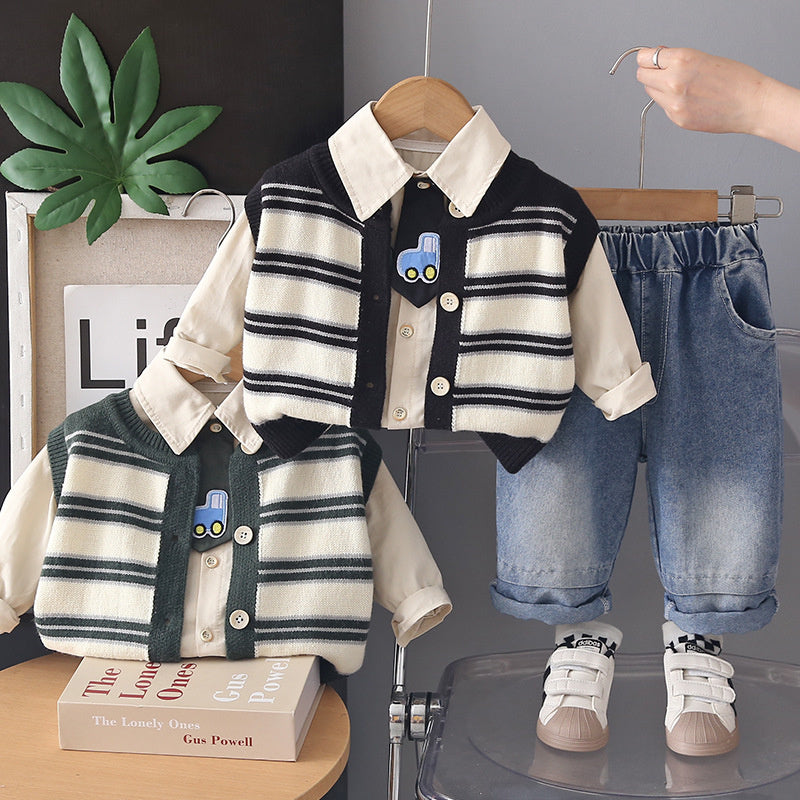 Children's striped sweater, vest, cardigan 2026 new stylish three-piece set for boys, baby spring and autumn clothing wholesale