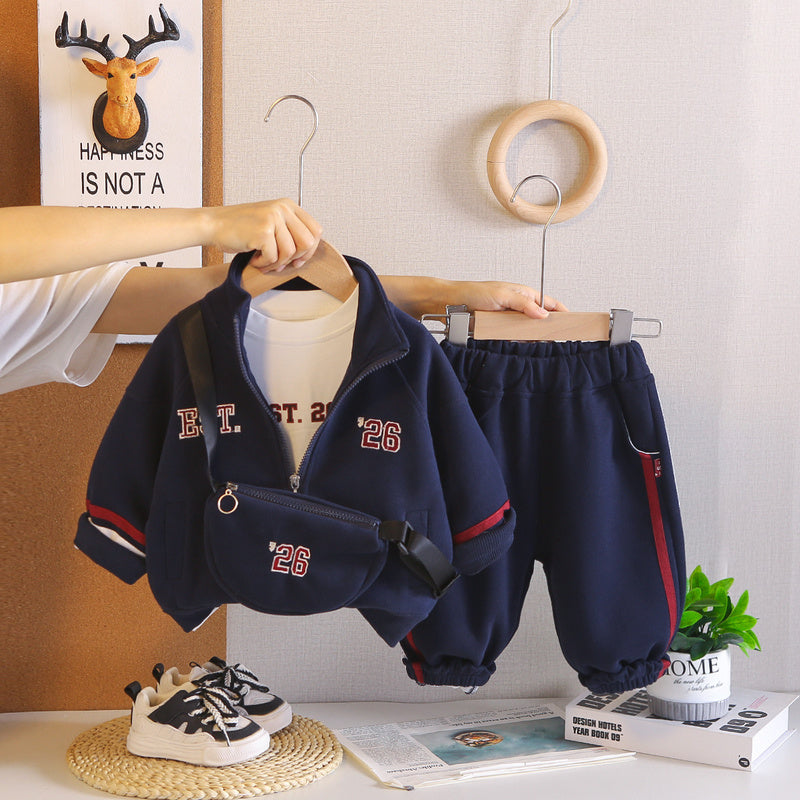 Boys' Spring and Autumn 2026 New Fashionable Baby Fall Outfit Long Sleeve Digital Print Crossbody Bag Three-Piece Set Infant Children's Clothing