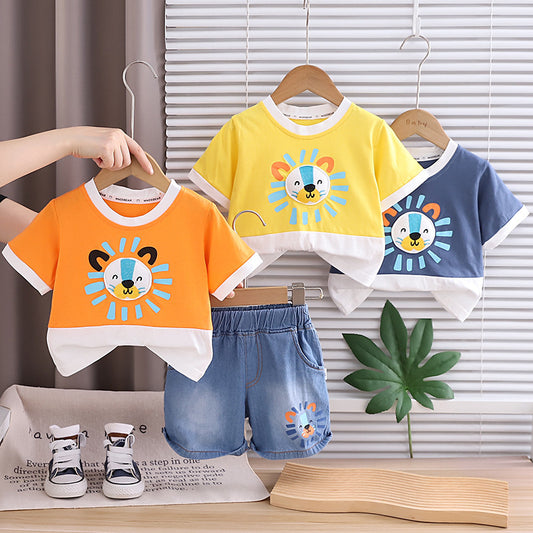 New Outfit for Boys: Children's Summer Color-Block Lion Head Two-Piece Set, Stylish Baby Clothes, Trendy Wholesale