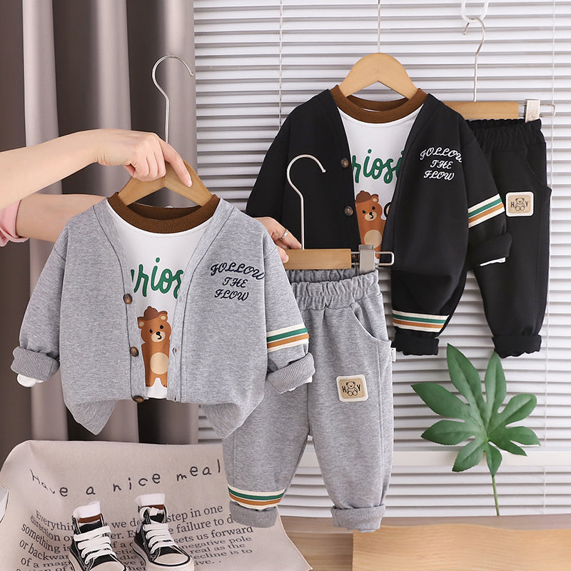 Boys' Outfit Stylish 2026 New Baby Children's Spring and Autumn Long Sleeve Korean Version Bear Cardigan Three-Piece Set Trendy