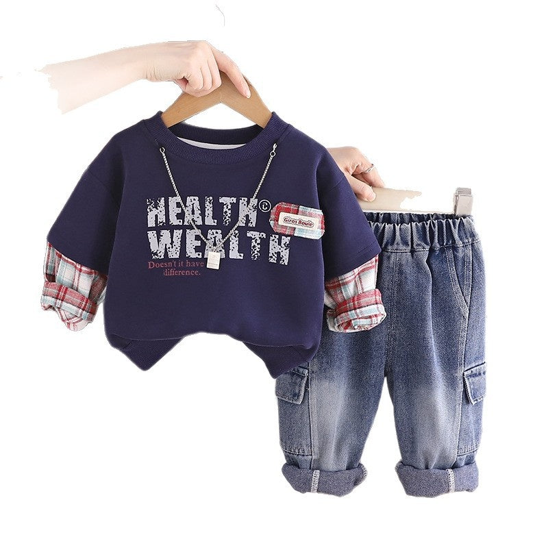 Boys' Spring Collection Striped Patch-Sleeve Letter Sweatshirt 2026 New Model Long-Sleeve Children's Fake Two-Piece Set Trendy