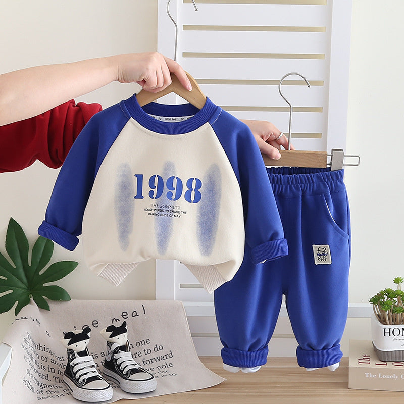 Boys' and Autumn 2025 New Baby Stylish Clothes Toddler Spring Color Block Raglan Sweatshirt Two-Piece Set Trendy