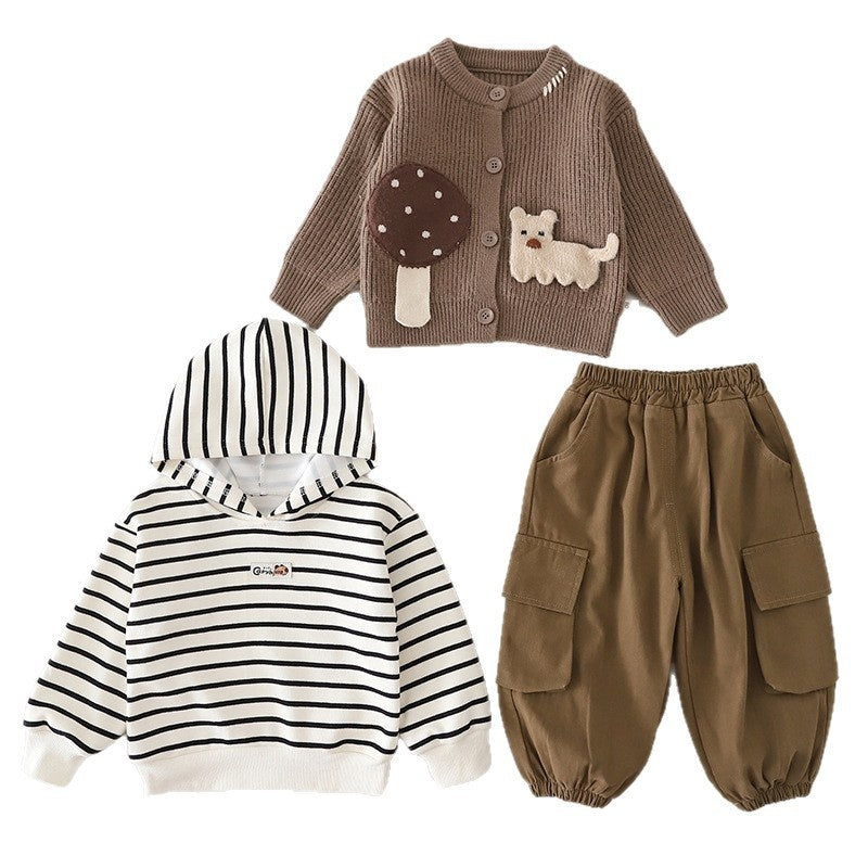 Boys' Outfit 2026 New Fashionable Patchwork Puppy Long Sleeve Sweater Three-Piece Set Baby, Stylish and Trendy for Spring