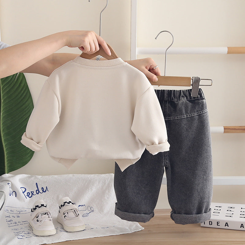 Outfit 2026 New Children's Denim Patchwork Sweatshirt Boys' Spring and Autumn Sports Casual Two-Piece Set