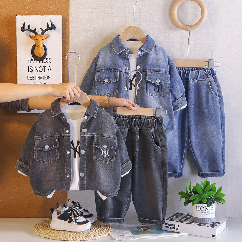Outfit 2026 New Fashionable Infant Boys' Spring and Autumn Long-Sleeve Denim Jacket Three-Piece Set