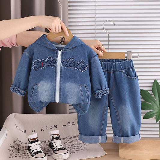 Children's Clothing 2026 New Spring Boys and Girls Baby English Zipper Hoodie Solid Color Jeans Two-Piece Set