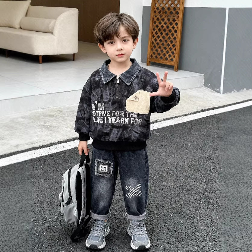 Boys' Fashionable Color-Block Pocket Sweatshirt Set, Baby Spring 2026 New Trendy Toddler Sports Casual Wear