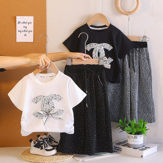 Girls' Outfit 2026 New Style Toddler Children's Clothing Baby Silver Rhinestone Long Pants Summer Two-Piece Trendy Set