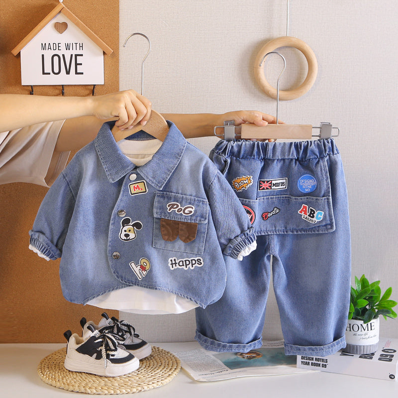 Boys' Spring and Outfit 2026 New Children's Autumn Cartoon Letter Denim Three-Piece Set for Boys