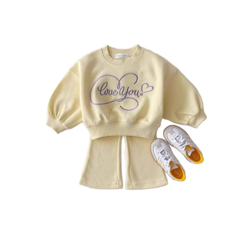 New Spring Autumn Korean Style Casual Heart Embroidery Bow Colorful Girls' Sweatshirt and Sweatpants Solid Color Two-Piece Set