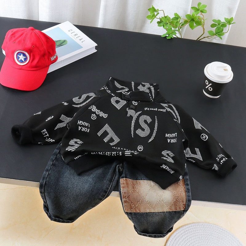 Boys' Outfit 2026 New Korean Style Spring Autumn Two-Piece Set for Boys with Stand Collar and Large Letter Print