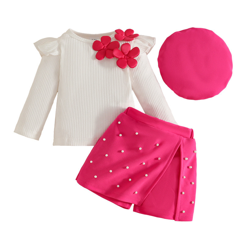 European and American Baby Sweet Girl Fashion Beret Embroidered Ribbed Top + Beaded Shorts Set Autumn Winter Skirt Pants
