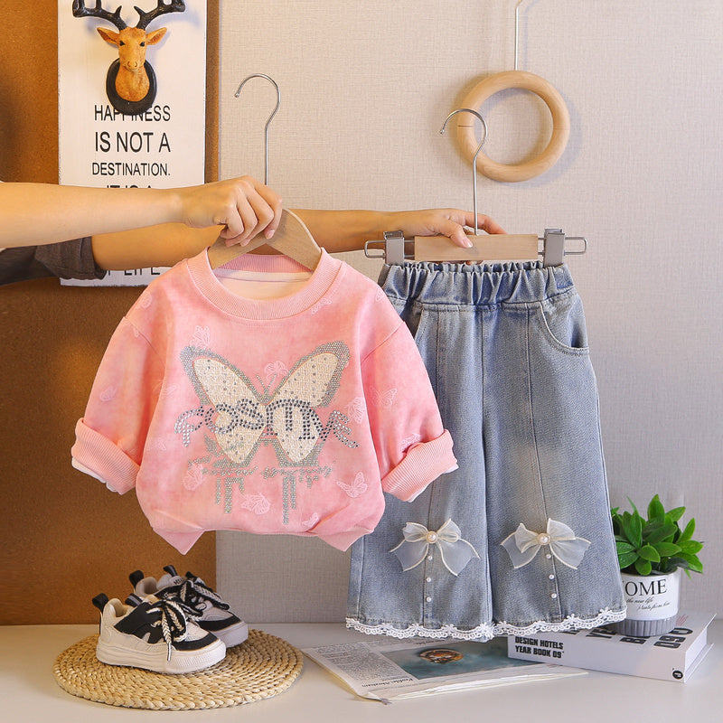Girls' Outfit Autumn 2026 New Fashionable Children's with Sparkling Rhinestones and Large Bow, Long Sleeve Baby Girl Spring Two-Piece Set Trendy