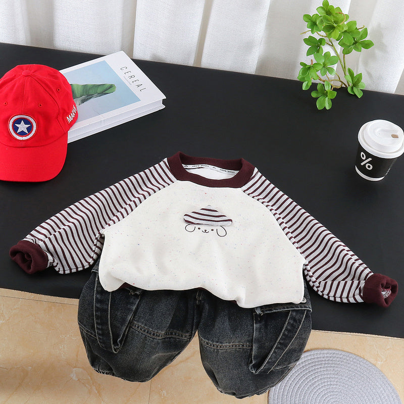 Boys' spring and autumn outfit 2026 new model children's long-sleeve striped hat dog hoodie two-piece set stylish baby fashion