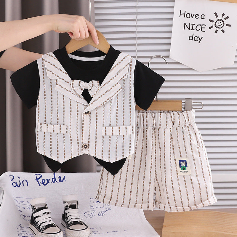 Boys' Summer Stylish Vertical Stripe Fake Three-Piece Short Sleeve Set 2026 New Trendy Thin Baby Clothes for Children