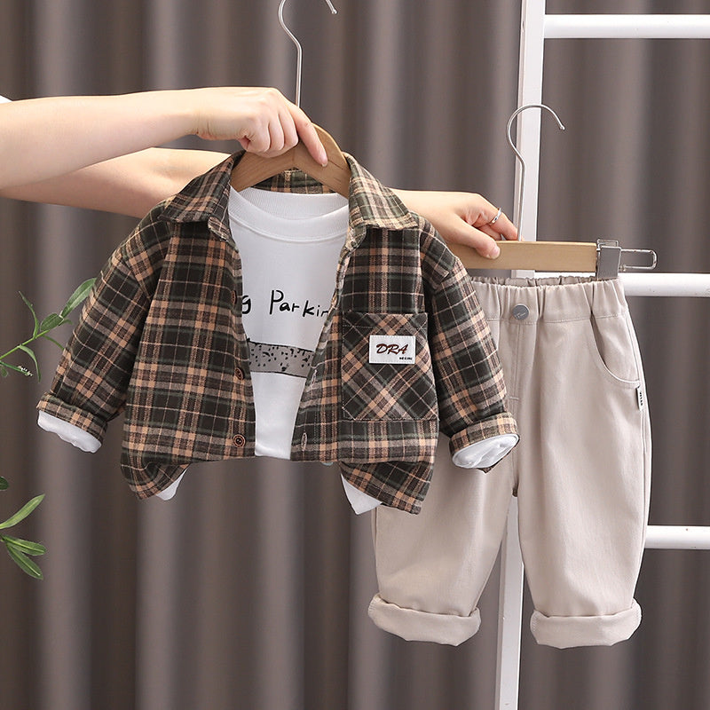 Boys' Spring and 2025 Autumn Outfit Korean Style Children's Fashionable Label Plaid Shirt Three-Piece Set Trendy