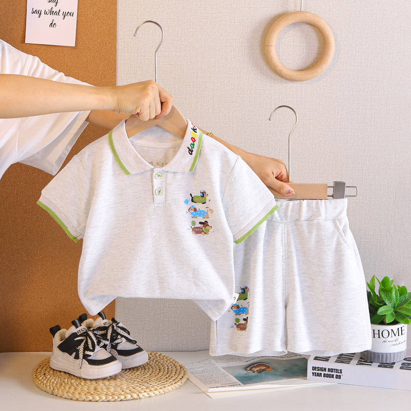 Boys' Outfit 2026 New Style Baby Children's Summer Clothes Stylish Three Little Dogs Polo Short Sleeve Two-Piece Set Trendy