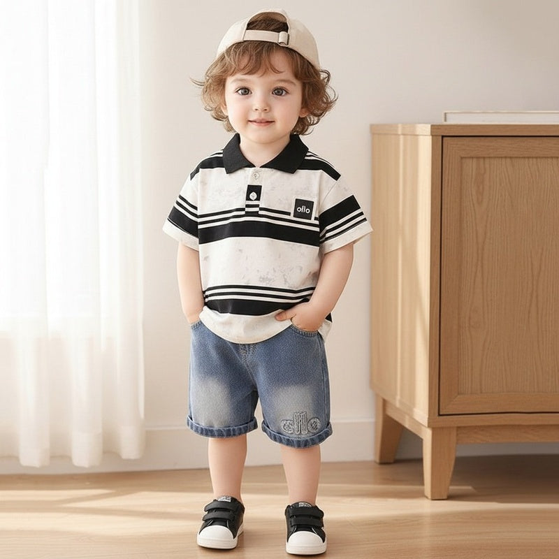 Boys' Outfit 2026 New Fashionable Casual Striped Short-Sleeve Summer Korean Style Two-Piece Set for Children