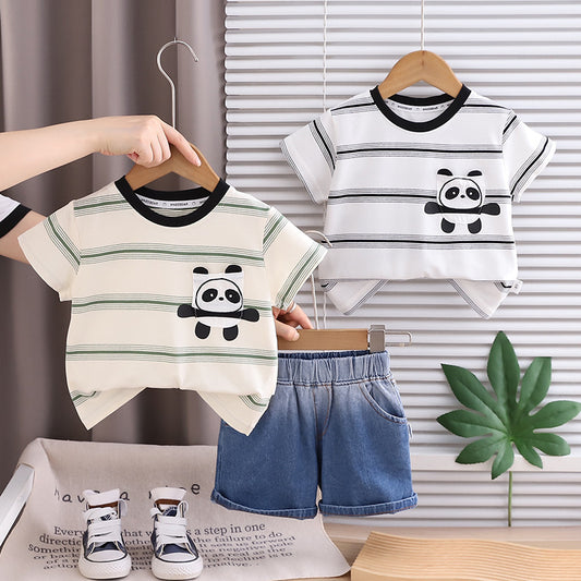 Children's Summer Outfit 2026 New Style Boys' Stylish Cartoon Pocket Short Sleeve Baby Sports Two-Piece Set Wholesale