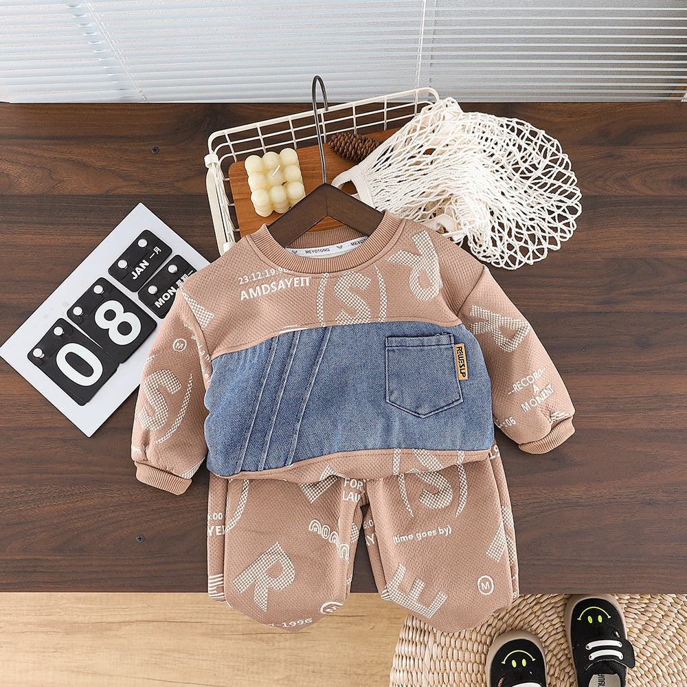 Baby Jacquard Letter Denim Patchwork Sweatshirt 2026 New Model Boys' Spring and Autumn Outfit Set Two-Piece Children's Clothing
