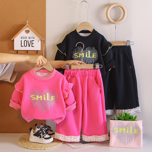 Girls' Outfit Baby 2026 New Style Infant Children's Spring and Autumn Rhinestone Letter Long Sleeve Sweatshirt Two-Piece Set Trendy