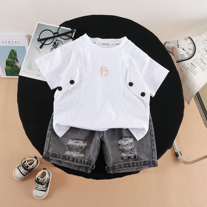 Summer Outfit 2026 New Style Toddler Double-Button Faux Pocket Short-Sleeve Two-Piece Set for Boys Stylish Children's Clothing