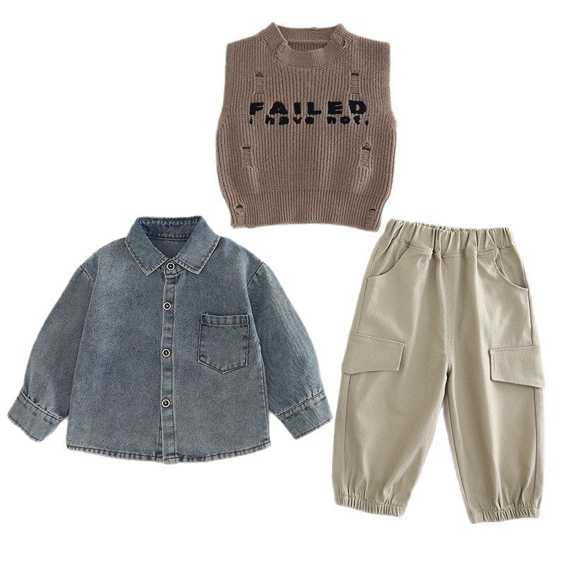 2025 Spring and Autumn Boys' Fashionable Denim Shirt, Long-Sleeve Letter Sweater, Vest, Casual Cargo Pants Three-Piece Set Wholesale