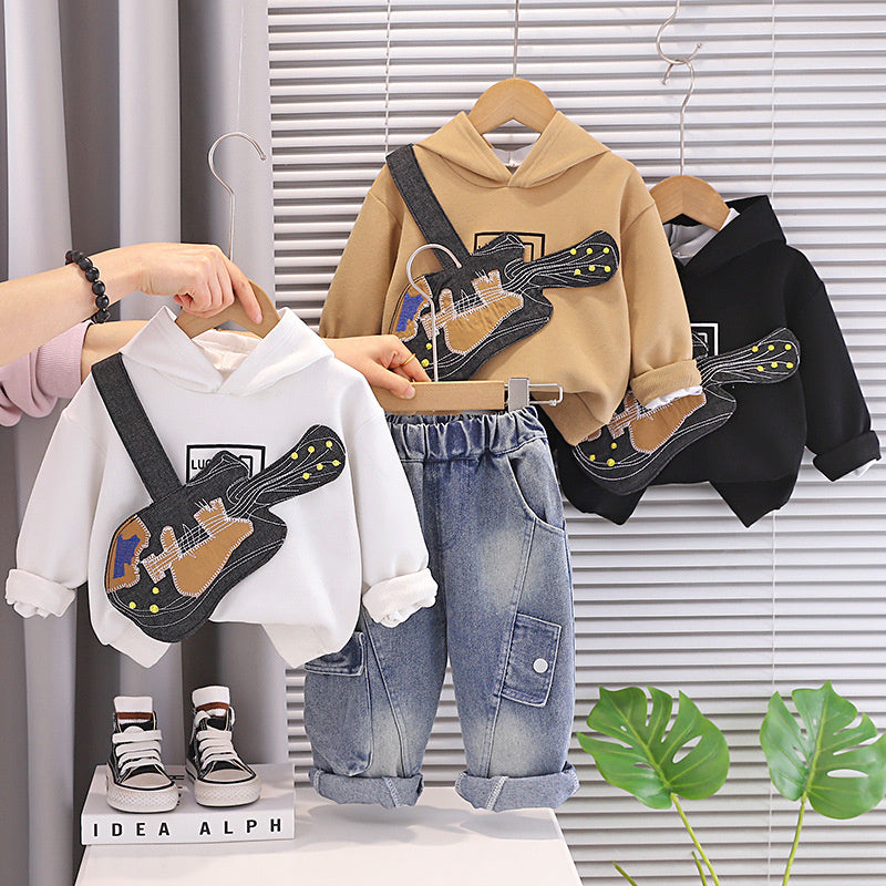 Boys' Spring and Autumn 2026 New Stylish 3 Children's Long Sleeve Patch Guitar Two-Piece Set Baby Clothes for 1-Year-Old Boys