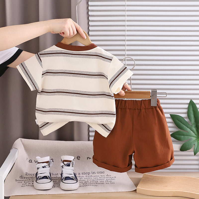 Children's Summer Outfit 2026 New Model Young Boys, Striped Bear Head Round Neck Short Sleeve Two-Piece Set with Shorts for Boys