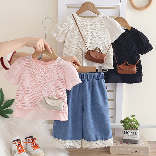 Baby Outfit Set 2026 New Model for Girls, Hollowed Out Short Sleeve, Infant Children's Clothing, Toddler Summer Solid Color Clothes