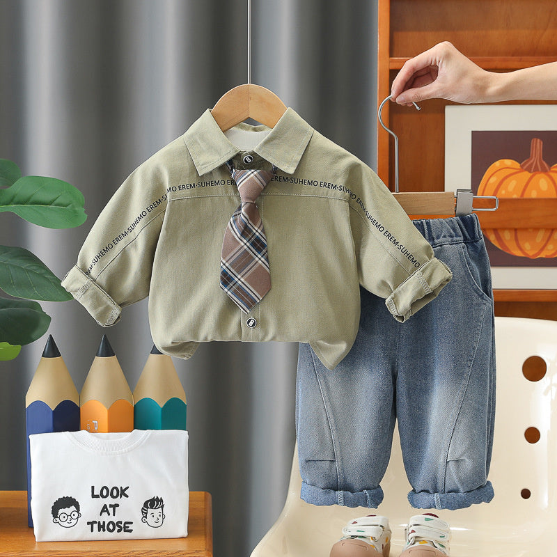 Boys' Spring and Autumn Suit 2026 New Fashionable Korean Style Casual Long Pants Tie Shirt Three-Piece Set Trendy