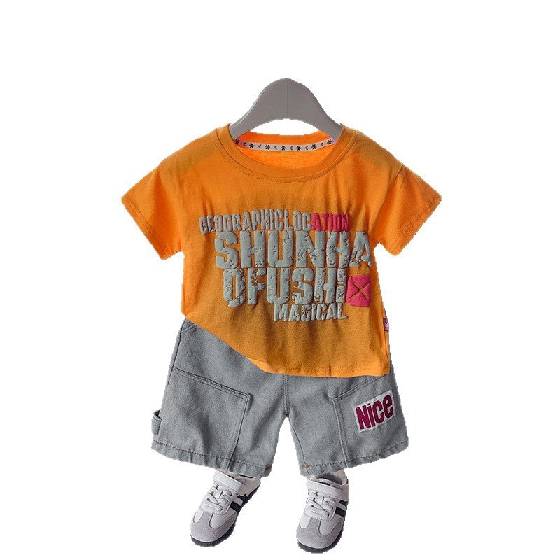 Boys' Stylish Outfit 2026 New Summer Toddler Foam Print Short Sleeve Shorts Set Casual Sportswear