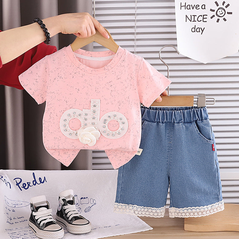 Girls' Summer Outfit 2026: Baby with Rhinestone Letters, Short-Sleeve Denim Shorts, New Trendy Two-Piece Set