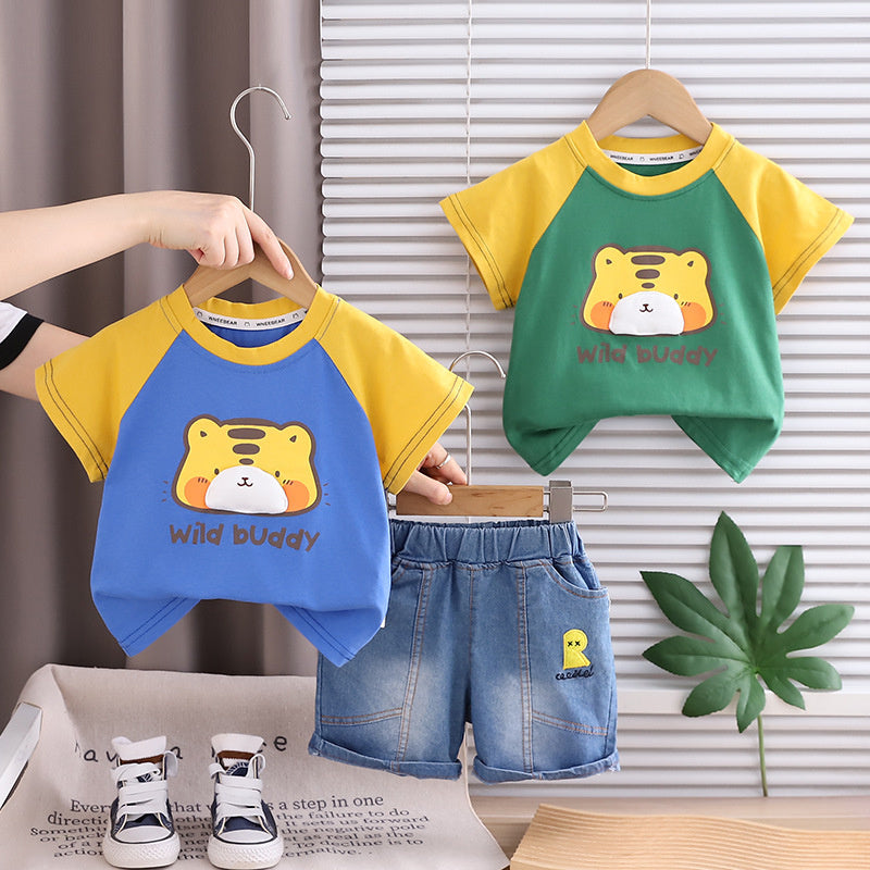 Boys' Outfit 2026 New Korean Style Children's Baby Color-Block Cartoon Short-Sleeve Shorts Two-Piece Summer Fashion Set
