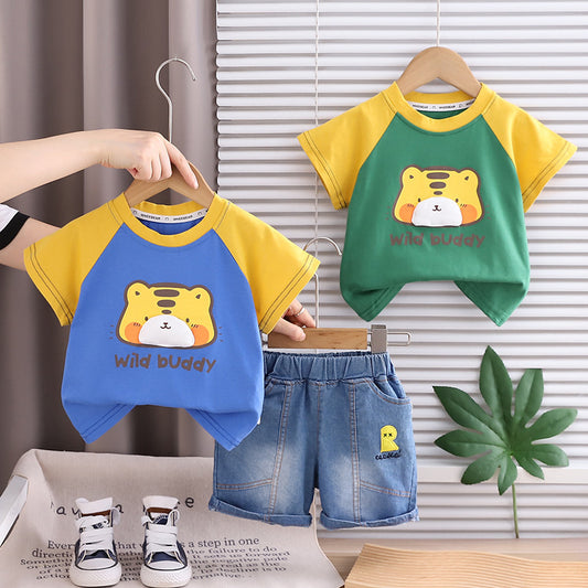 Boys' Outfit 2026 New Korean Style Children's Baby Color-Block Cartoon Short-Sleeve Shorts Two-Piece Summer Fashion Set